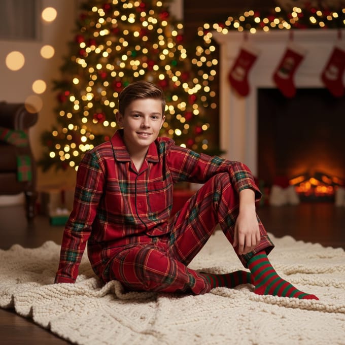 La-V Flanel pyjama set voor jongen met geruit patroon- Rood - 152-158