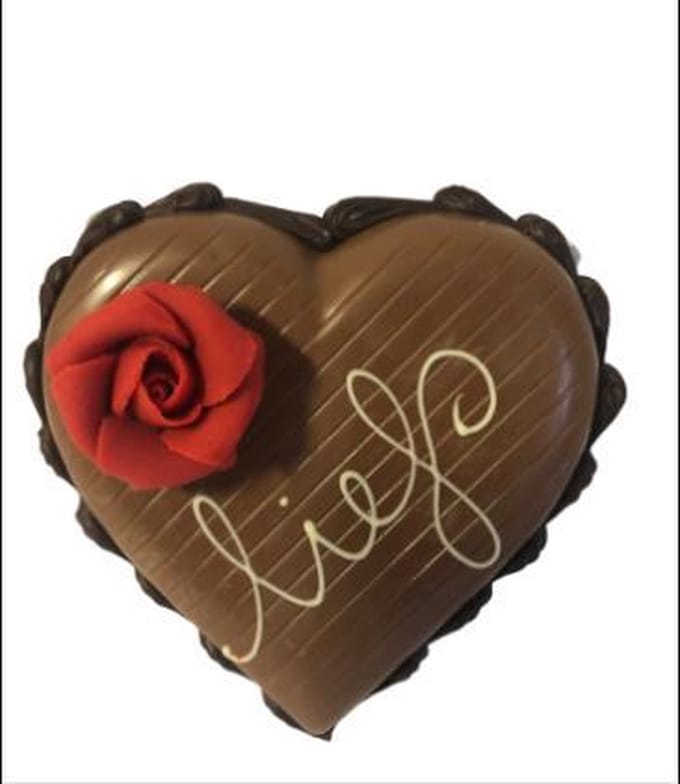 Chocolade - Liefs - Dubbel hart met roos - Zijden lint: "Speciaal voor jou"
