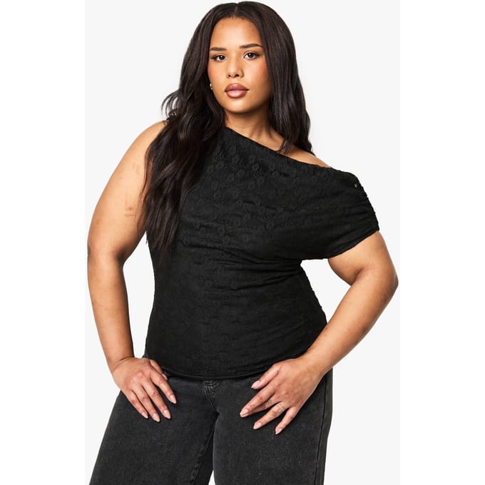 boohoo Dames PLUS ASYMMETRISCHE HALSLijN KANTTOP | Zwart | Maat: 54