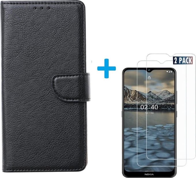 Bookcase Geschikt voor: Nokia 2.4 - Zwart - portemonnee hoesje met 2 stuks Glas Screen protector
