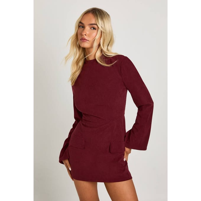 boohoo Dames Cord hoge hals mini-jurk | Burgundy | Maat: 14