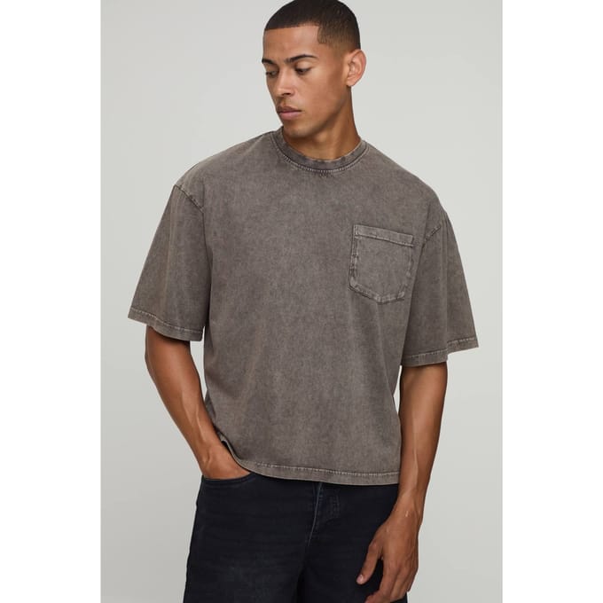Essentieel Gewassen Oversized Boxy T-shirt Met Borstzak | Chocolate | Size Medium