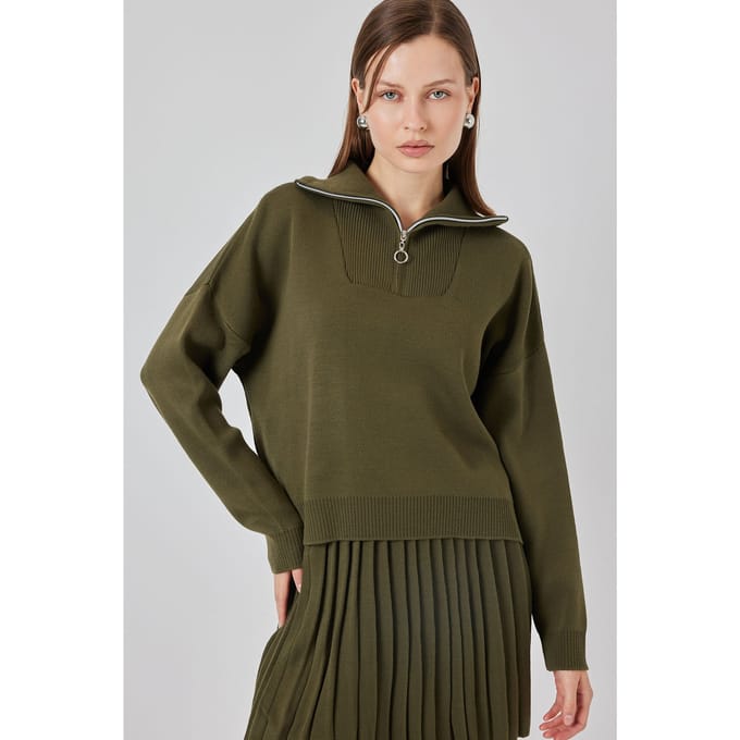 Ritkraag Lange Mouw Gebreide Top & Geplooide Gebreide Rok Twee-Paar Set