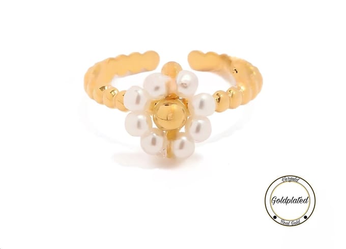 Soraro Parel Flower Ring | Goldplated | Goudkleurig | Parel | Dames Ring | Bloem | Klemring | Vrouwen Cadeau