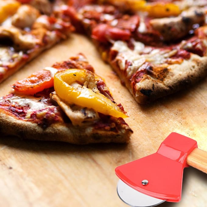 Coupe-pizza Hache avec Manche en Bambou Roue à Pizza Râpe Lame Rotative Couteau à Pizza