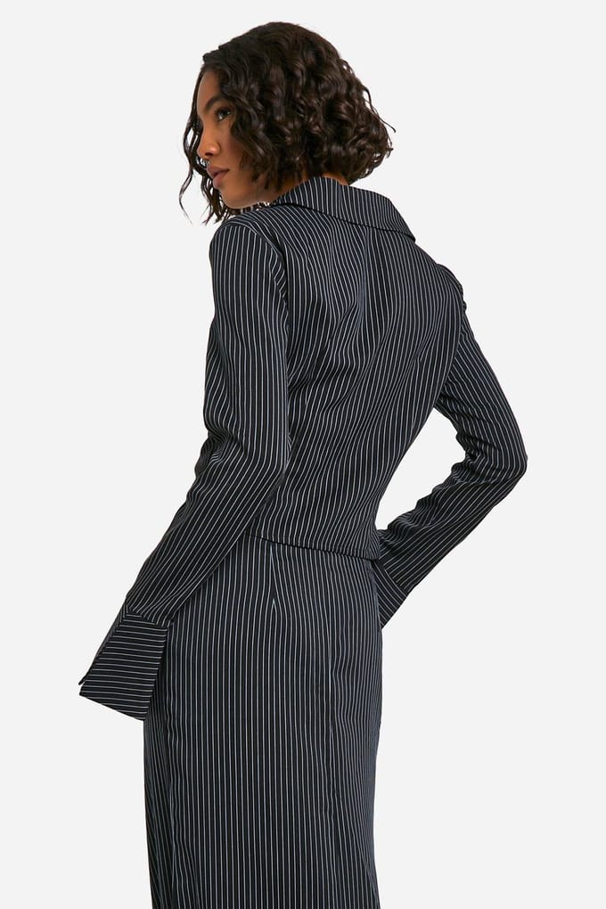 boohoo Dames Tall Pinstripe Lace Up Tailored Shirt | Black | Maat: 12
