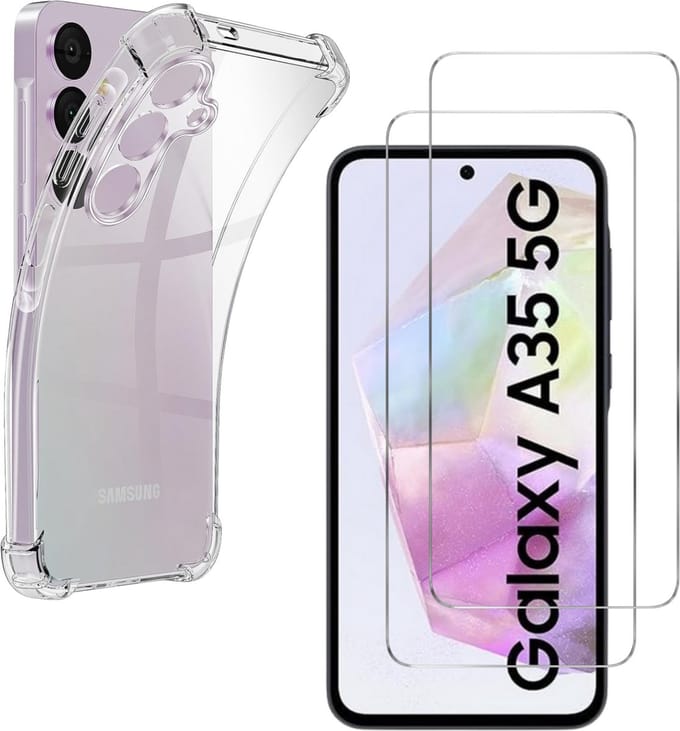 Hoesje voor Samsung Galaxy A35 5G backcover Shockproof siliconen Transparant en 2 stuks Screenprotector Gehard Glas