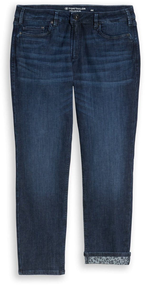 Tom Tailor - Plus Size - TTPLUS SLIM-jeans met luipaardprint en omgeslagen boord - Maat 46 - dark blue denim