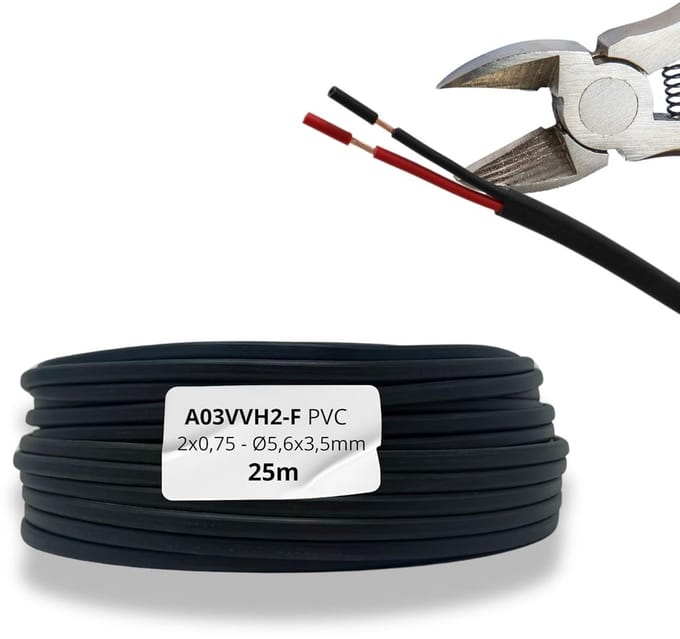 25 Meter Platte Elektriciteitskabel 2x0,75mm² Zwart Rood PVC Flexibel