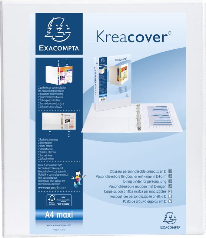 Exacompta 10x Kreacover Ringband PP personaliseerbaar - 2 vakken - 2D-ringen 40mm - A4 maxi - Wit - 51923E