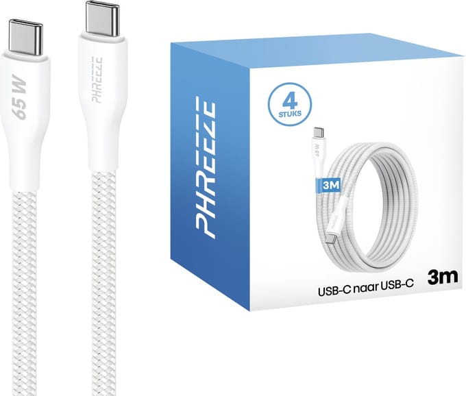 Usb C kabels 3 meter - 4 pack - 65w fast charge & 480mbps data - Stevig nylon - Phreeze