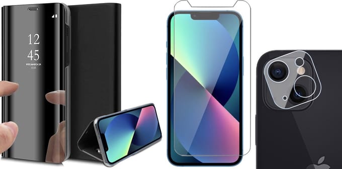 Hoesje geschikt voor iPhone 13 Mini - Spiegel Book Case - Zwart - Met Screenprotector en Camera Screen Protector