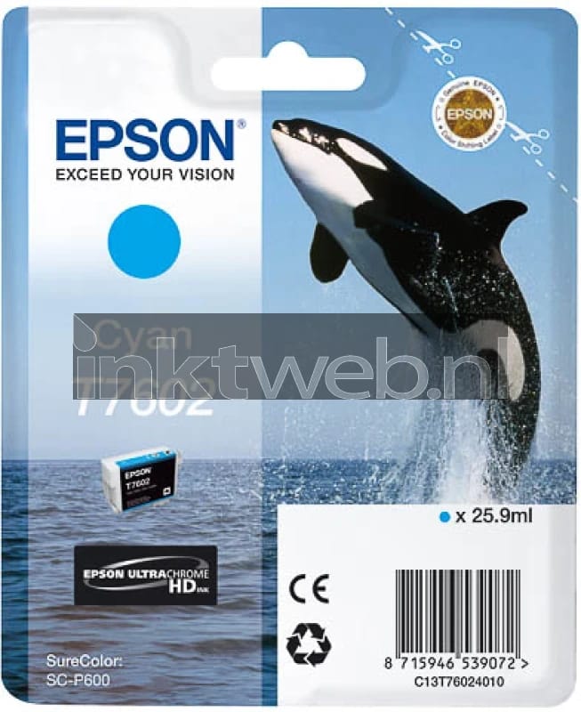 Epson Killer Whale T7602 inktcartridge, cyaan, origineel, 25,9 ml
