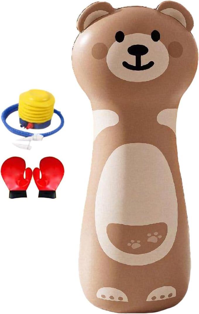 Opblaasbare Bokszak - Staande Trainer - Kinderen Trainen - Robuuste PVC Constructie - 42x120 cm - Bruine Beer