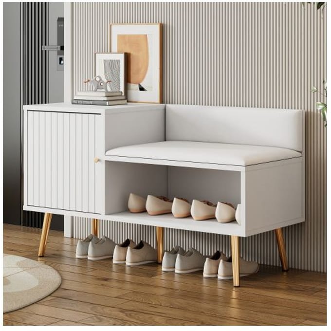 Schoenenkast - MUVOE - Modern - Wit en goud - Gestoffeerd - Opbergruimte wit