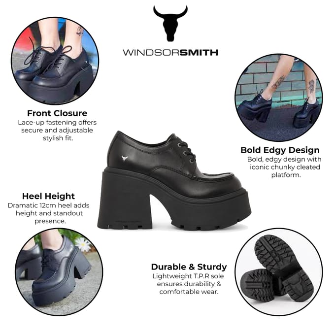 Windsorsmith Dames Zwarte Leren Dikke Platform Veterschoenen - Starcrossed