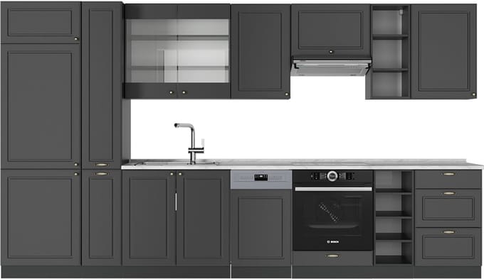 Vicco Fame-Line Complete keukeneenheid – 355 cm, WB Marmer Anthrazit-Gold Landhaus