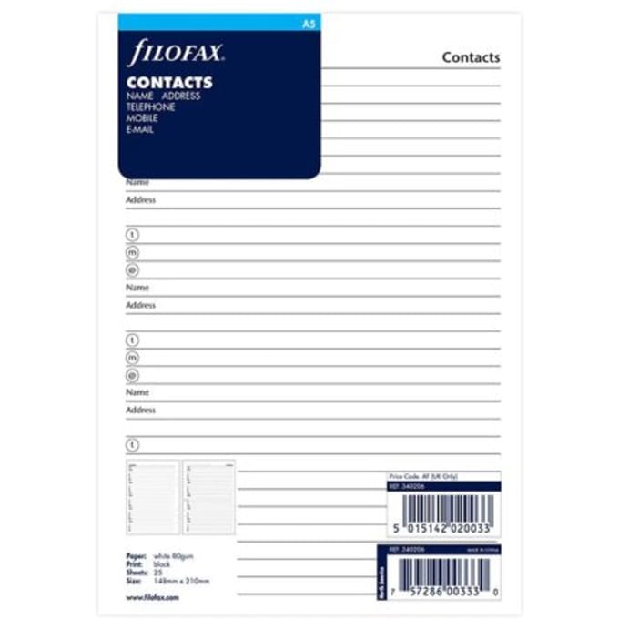 FILOFAX A5 ADRESSES EMAIL TELEFOON FAX MOBIEL VULLING