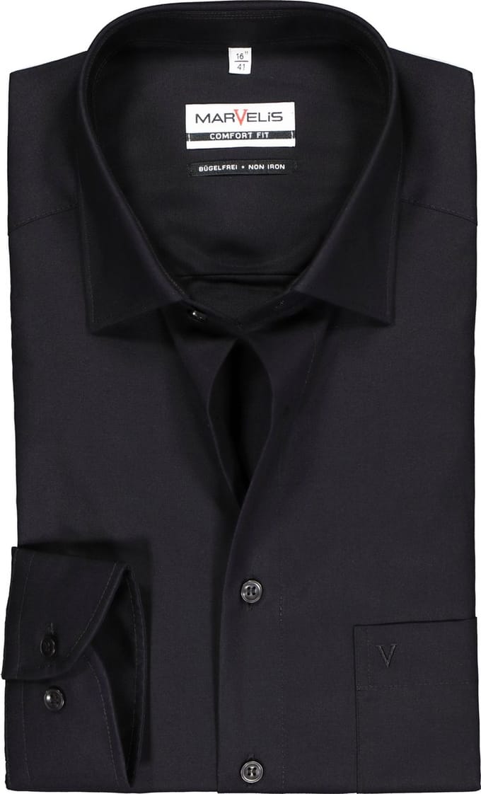 MARVELIS comfort fit overhemd - zwart - Strijkvrij - Boordmaat: 47