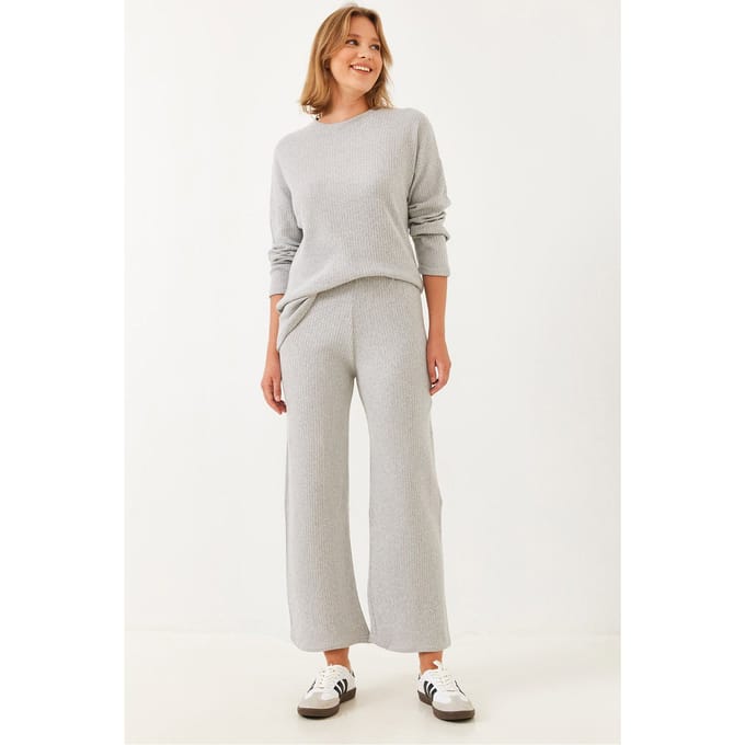 Geribbelde Textuur Crew Neck Trui en Broek Set
