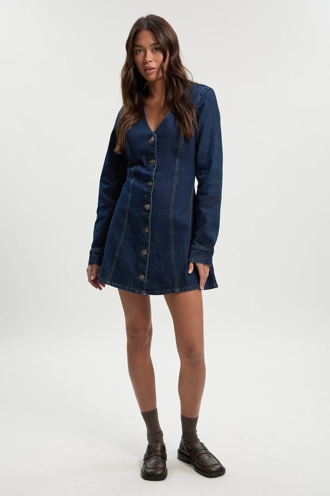 boohoo Dames Flare lange mouwen mini-jurk | Indigo | Maat: 40