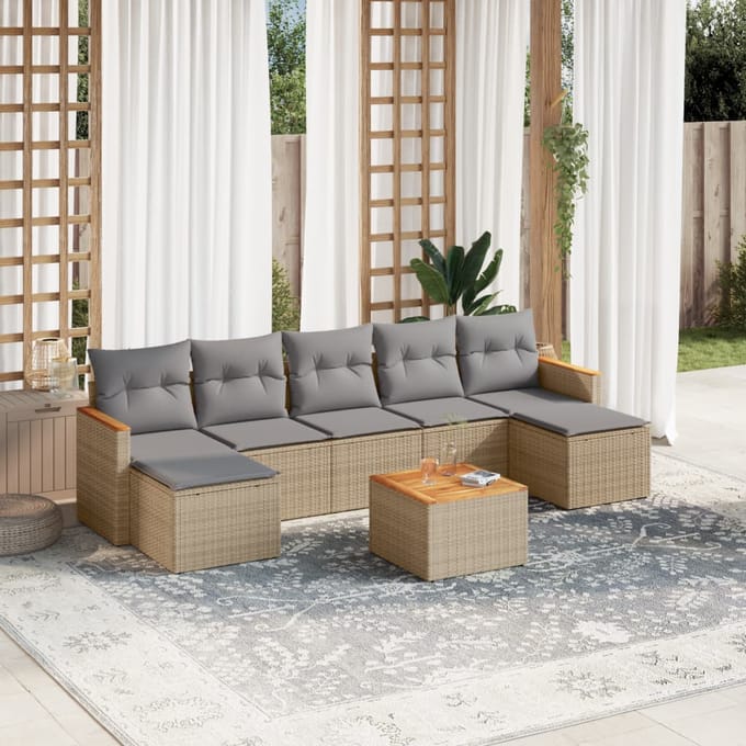 vidaXL - 8-delige - Loungeset - met - kussens - poly - rattan - gemengd - beige