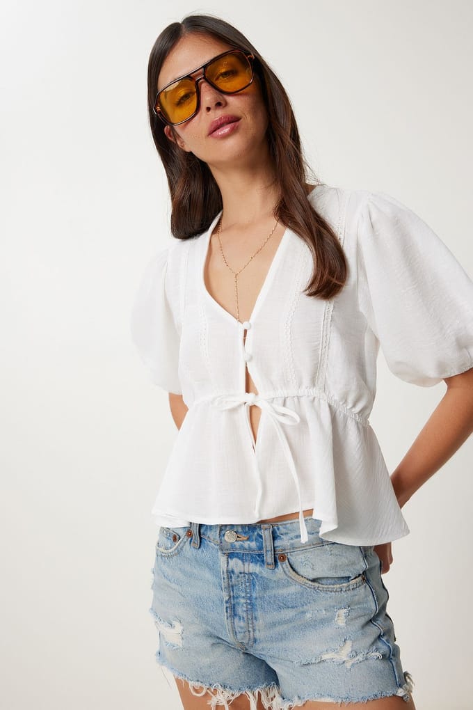 V-hals Korte Mouwen Kant Blouse met Koordjes