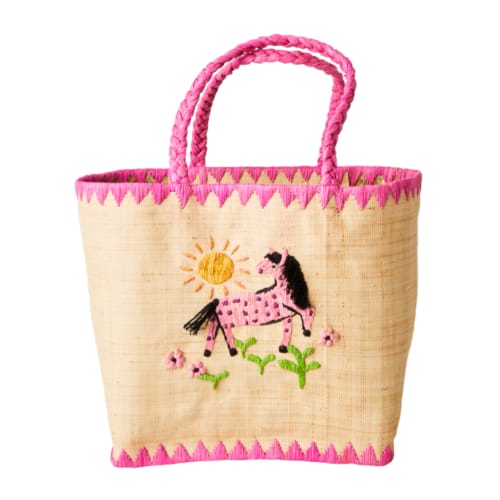 Rice raffia tas medium paard roze