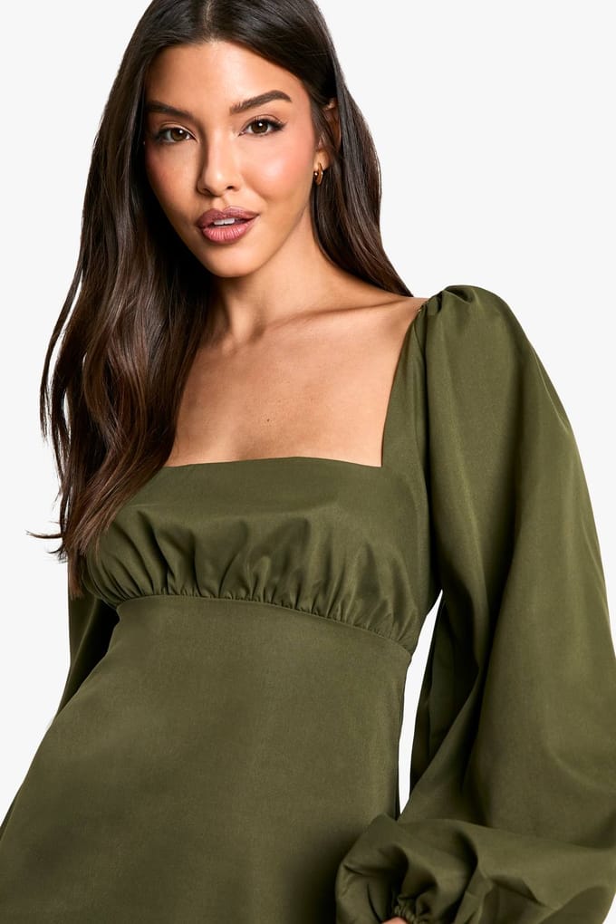 boohoo Dames Long Sleeve Puff Sleeve Mini Dress | Kaki | Maat: 36