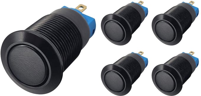 ProRide Mini Drukschakelaar ON-OFF - 12mm Metaal - 12V/24V - Platte Knop - Zwart - 5 stuks