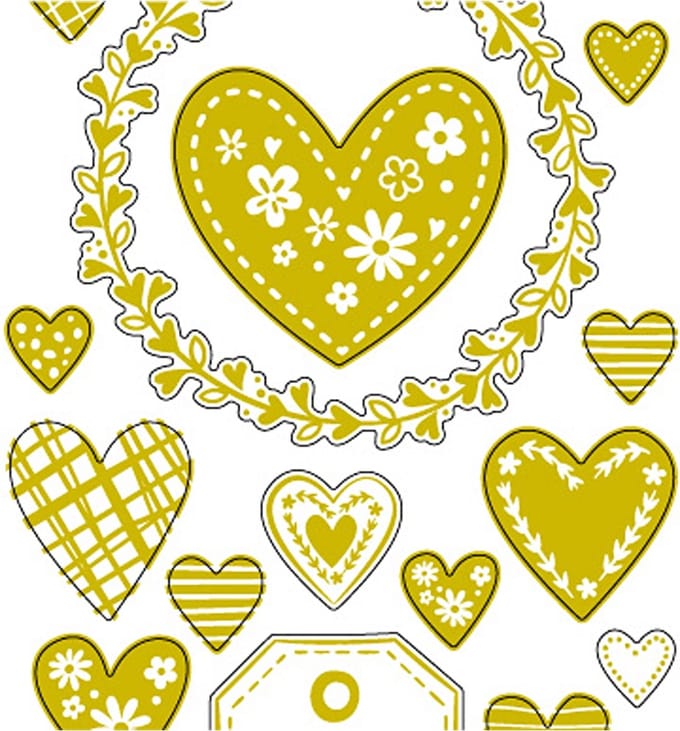 Stickers, harten, vel 10x24 cm, ca. 33 stuk, goud, 1 vel