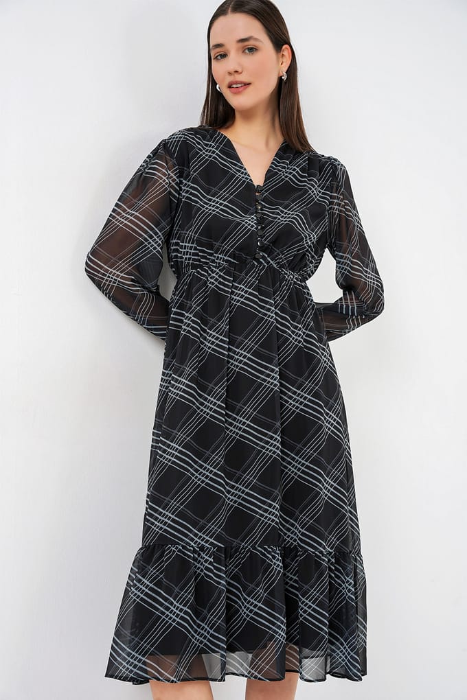 V-hals Midi-jurk met knoopsluiting
