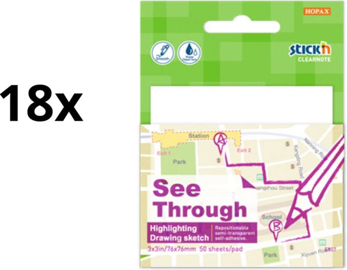 Stick'n - Transparante Sticky Notes - 76 x 76 mm - Wit - 18 Stuks - 50 Memoblaadjes