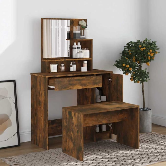 vidaXL - Kaptafel - met - spiegel - 86,5x35x136 - cm - gerookt - eikenkleurig