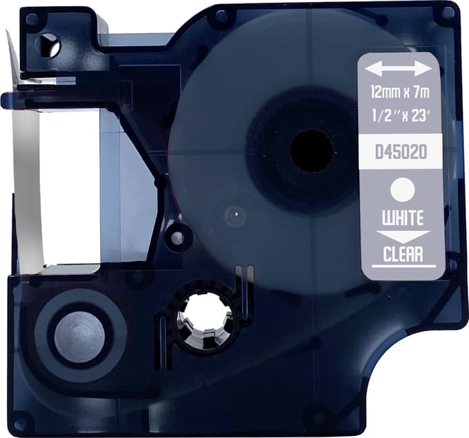 DULA Dymo D1 45020 - S0720600 - Compatible label tape - 1 lettertape - Wit op transparant - 12mm x 7m