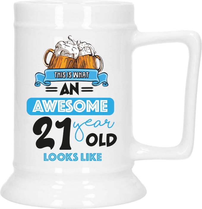 Bellatio Decoration Cadeau Bierpul voor 21 jaar - blauw - grappige leeftijd bierpul - 530 ml