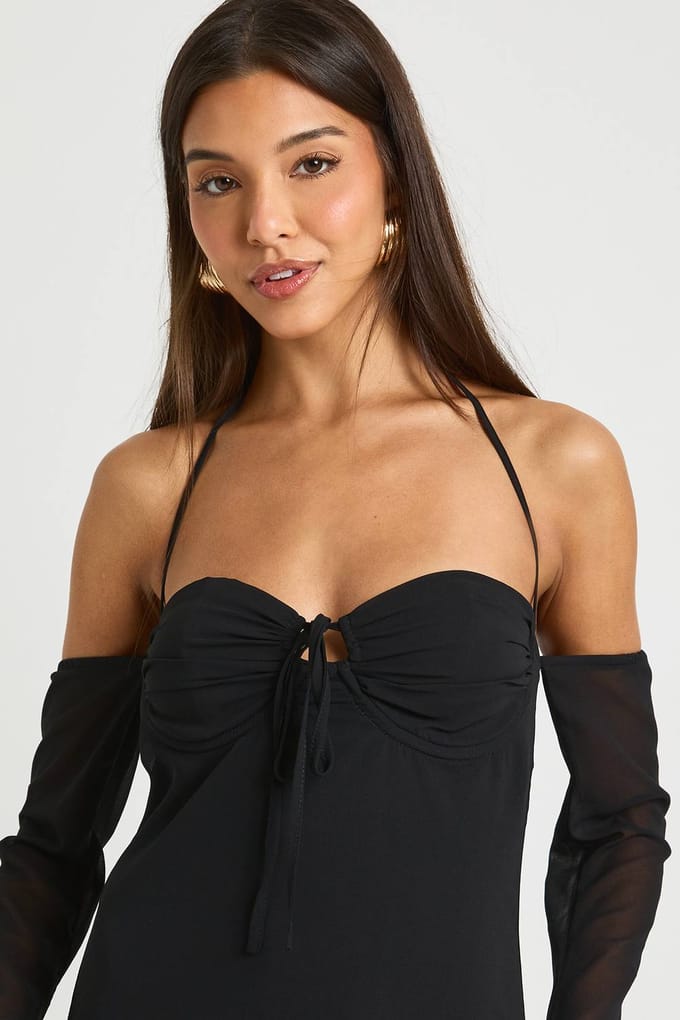 boohoo Dames Chiffon minijurk met lange mouwen | Black | Maat: 16