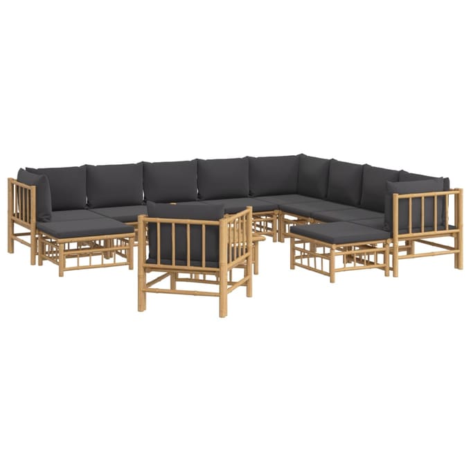 vidaXL - 12-delige - Loungeset - met - kussens - bamboe - donkergrijs