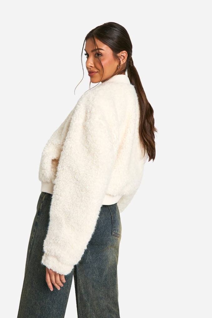 boohoo Dames Nepbont Bomberjack | White | Maat: 14