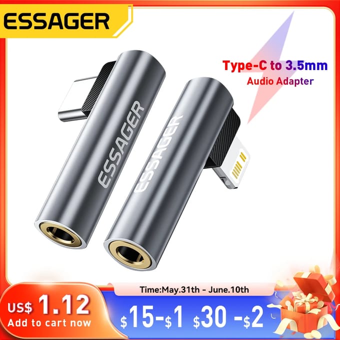 Essager L-vorm Type-C naar 3,5 mm jack audio-adapter voor iPhone 16 15 Samsung Lightning naar 3,5 mm hoofdtelefoonadapter voor iPhone 14 13