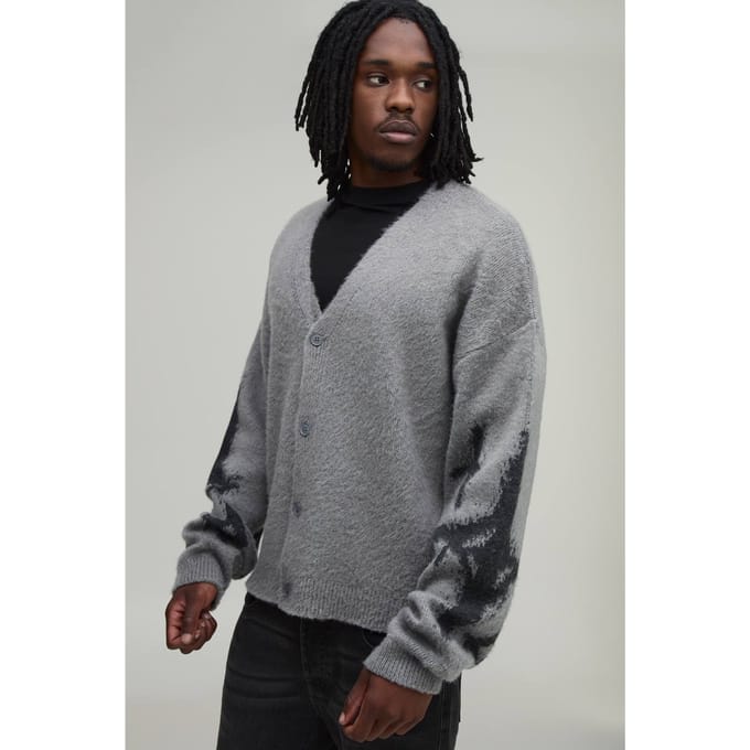 Lang Relaxed Boxy Geborsteld Sterren Gebreid Vest | Grey | Size Small