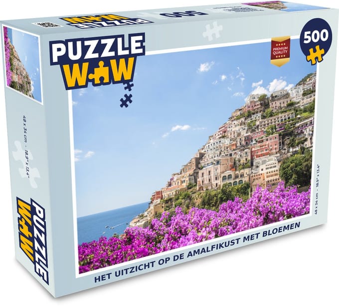 Puzzel Uitzicht op de Amalfikust met bloemen - Legpuzzel - Puzzel 500 stukjes