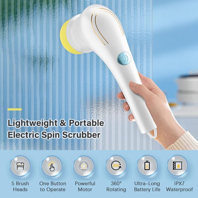 Brosse de nettoyage multifonctionnelle, épurateur électrique à rotation, avec 5 têtes, sans fil, portable, pour la cuisine blanc