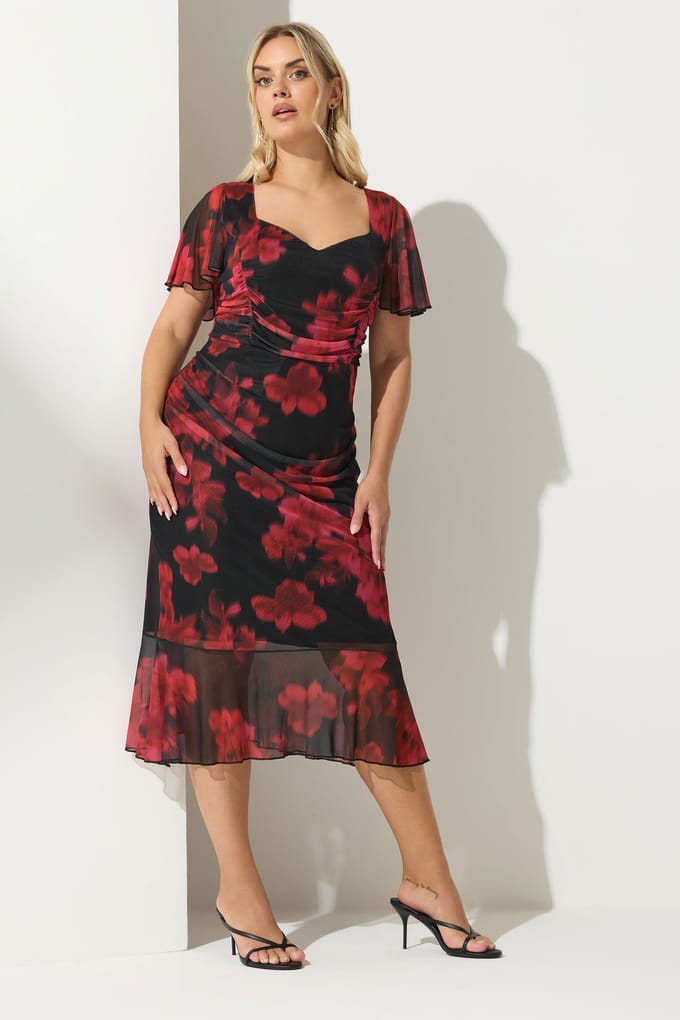 Yours London Rode Bloemen Geplooide Midijurk Size 46