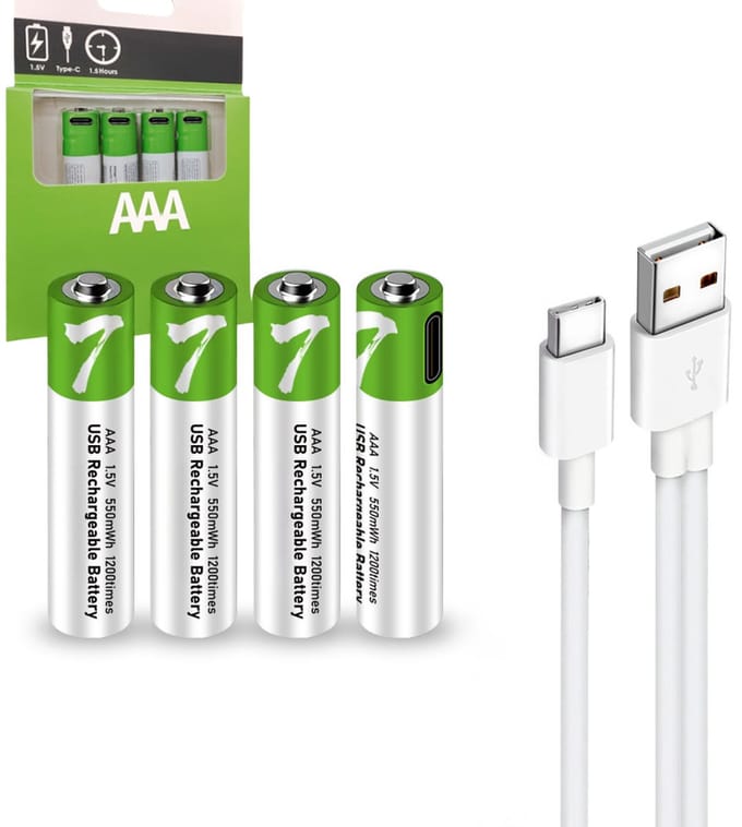 Tech Essentials AAA USB-C Oplaadbare Batterijen - 4-Pack - 1.5V - 550mWh - Li-ion - Lithium