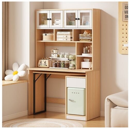 Merax Uitschuifbaar computerbureau met boekenkast - 110 x 55 x 180 cm - MDF hout - naturel + wit