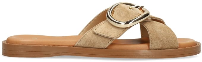 Manfield - Dames - Beige suède slippers met gouden gesp - Maat 39