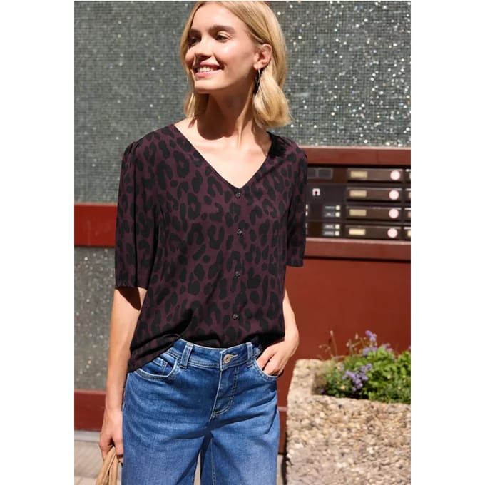 Blouse met korte mouwen, V-hals en luipaardprint