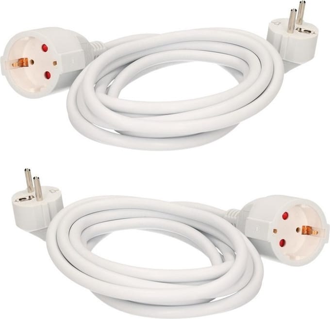 Verlengsnoer - 2x stuks - 3 meter - randaarde - wit - 3500W - 250V