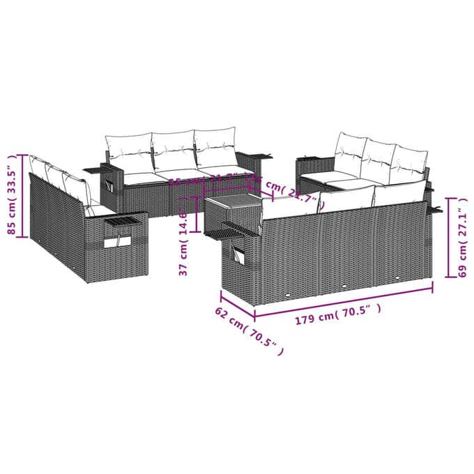 vidaXL - 13-delige - Loungeset - met - kussens - poly - rattan - grijs